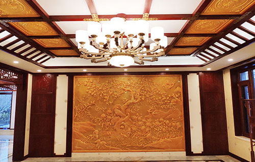 阜城中式别墅客厅中式木作横梁吊顶装饰展示